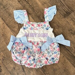 Floral Romper with Blue Gingham Bows